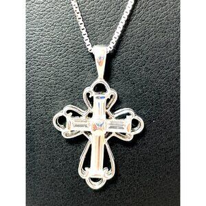 White Cubic Zirconia Sterling Silver Cross Pendant With 18" Chain